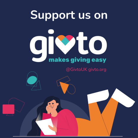 A cartoon woman lying on her front reading a paper wearing a pink top and orange trousers, against a dark blue background. The text says 'support us on givto, making giving easy'